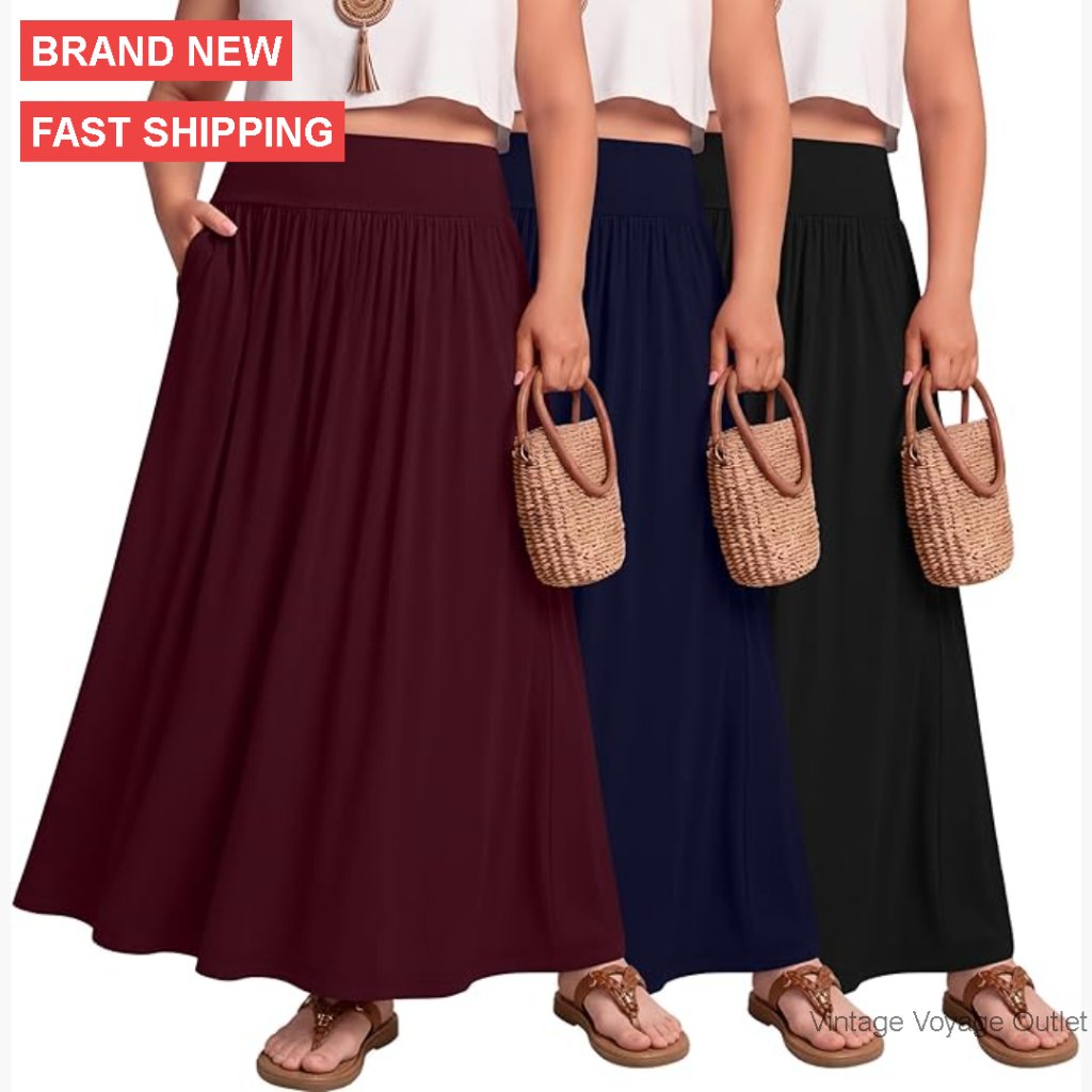 Plus Size Maxi Skirt 3 Pack, High Waisted Pleated A-Line With Pocket